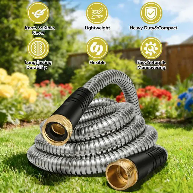Alt view image 6 of 7 - 150 ft Stainless Steel Garden Hose - 2026 New Upgraded Metal Water hose - Flexible Water Hoses Pipes with Latex Core, 3/4" Solid Brass Connector - No-Expandable Watering Garden Hoses