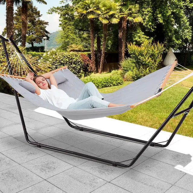 Alt view image 7 of 7 - Homgava Universal 2-Person Hammock Stand, 660LBS Capacity,Heavy Duty Steel Hammock Stand, Fits 9.6-14ft Hammocks, Indoor and Outdoor Universal Hammock Stands,Black
