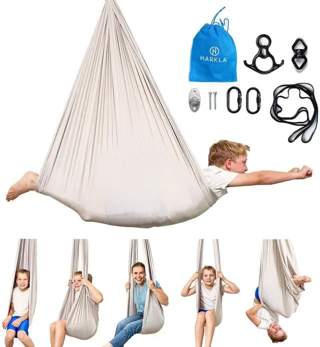 Main image of Harkla Sensory Swing for Kids & Adults - Holds 300lbs, Indoor Outdoor Sensory Swing for Hug Like Calming Effect - Durable Soft Stretch Fabric and Heavy Duty Hardware (Gray, 110" Swing + 5" Swivel)