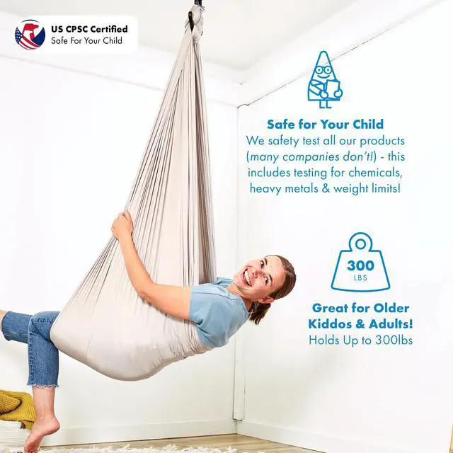Alt view image 3 of 7 - Harkla Sensory Swing for Kids & Adults - Holds 300lbs, Indoor Outdoor Sensory Swing for Hug Like Calming Effect - Durable Soft Stretch Fabric and Heavy Duty Hardware (Gray, 110" Swing + 5" Swivel)