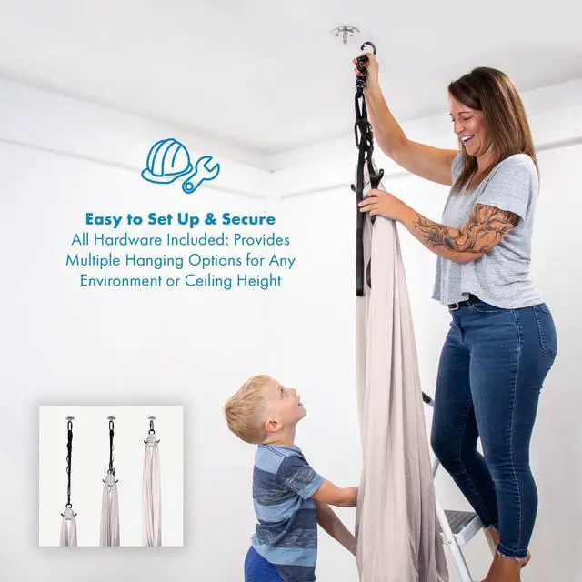 Alt view image 5 of 7 - Harkla Sensory Swing for Kids & Adults - Holds 300lbs, Indoor Outdoor Sensory Swing for Hug Like Calming Effect - Durable Soft Stretch Fabric and Heavy Duty Hardware (Gray, 110" Swing + 5" Swivel)
