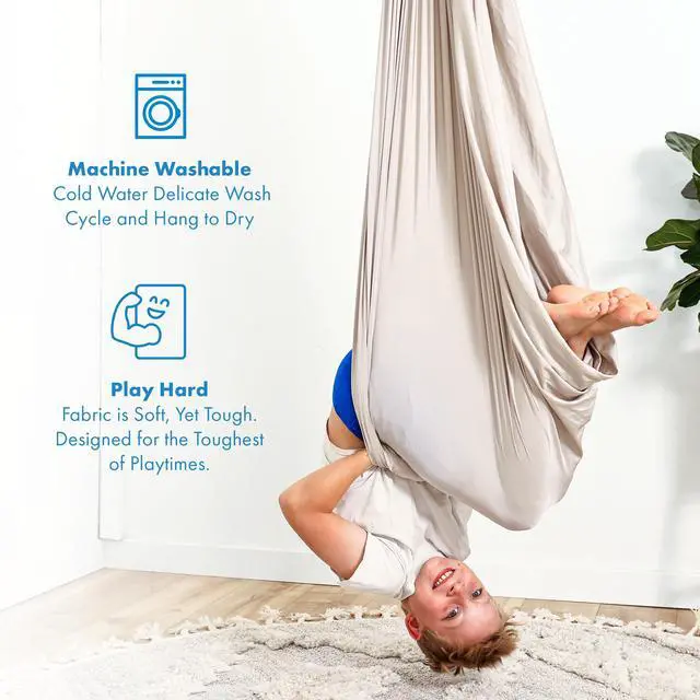 Alt view image 7 of 7 - Harkla Sensory Swing for Kids & Adults - Holds 300lbs, Indoor Outdoor Sensory Swing for Hug Like Calming Effect - Durable Soft Stretch Fabric and Heavy Duty Hardware (Gray, 110" Swing + 5" Swivel)