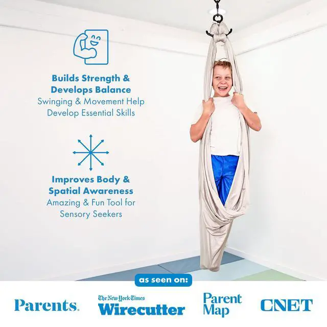 Alt view image 6 of 7 - Harkla Sensory Swing for Kids & Adults - Holds 300lbs, Indoor Outdoor Sensory Swing for Hug Like Calming Effect - Durable Soft Stretch Fabric and Heavy Duty Hardware (Gray, 110" Swing + 5" Swivel)