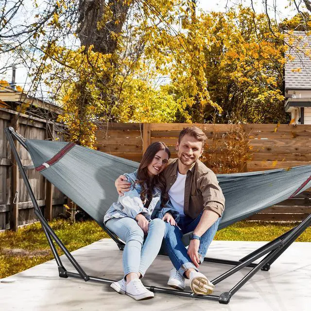 Alt view image 2 of 7 - Tranquillo Adjustable Hammock Stand 600 lbs Capacity, Collapsible Camping Hammock and Stand, Double Hammock with Stand for 2 Persons, Quick & Easy Assembly Garden Yard Patio Lawn, Grey