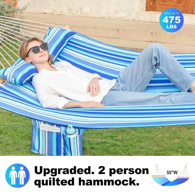 Alt view image 3 of 7 - GAFETE Hammock 2 Person Quilted Fabric Hammocks for Outside, Double 12ft Hammocks with Spreader Bar, Large Removable Pillow, Storage Bag, Carabiners, Max 475 lbs Capacity (Ocean Blue)