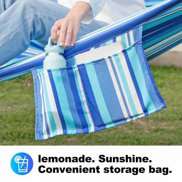 Alt view image 5 of 7 - GAFETE Hammock 2 Person Quilted Fabric Hammocks for Outside, Double 12ft Hammocks with Spreader Bar, Large Removable Pillow, Storage Bag, Carabiners, Max 475 lbs Capacity (Ocean Blue)