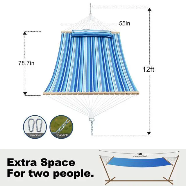 Alt view image 7 of 7 - GAFETE Hammock 2 Person Quilted Fabric Hammocks for Outside, Double 12ft Hammocks with Spreader Bar, Large Removable Pillow, Storage Bag, Carabiners, Max 475 lbs Capacity (Ocean Blue)