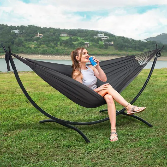Alt view image 2 of 7 - SUNCREAT Hammocks Standing Patio Hammock, Portable Hammock with Stand Foldable, Dark Gray