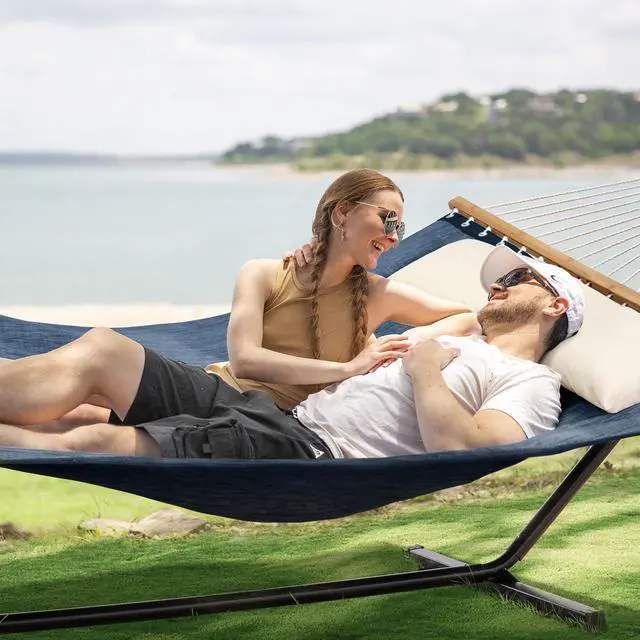 Alt view image 2 of 7 - SUNCREAT Hammocks for Outside with Stand, Quick Dry Two Person Hammock with Head Pillow, 450 lbs Capacity, Navy