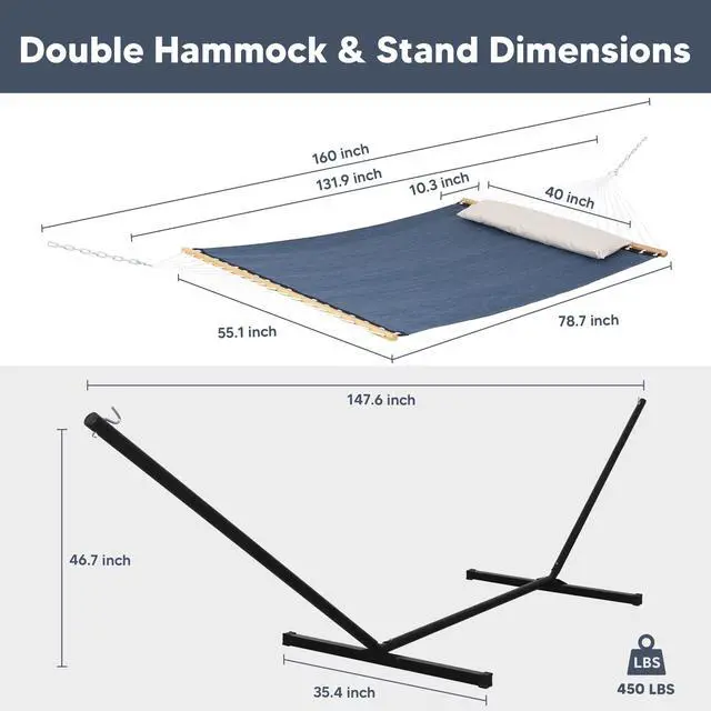 Alt view image 6 of 7 - SUNCREAT Hammocks for Outside with Stand, Quick Dry Two Person Hammock with Head Pillow, 450 lbs Capacity, Navy