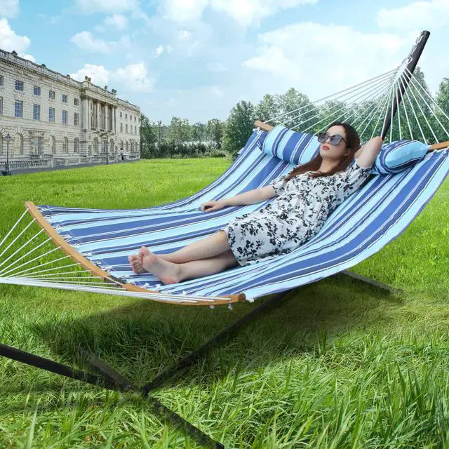 Alt view image 2 of 7 - GardenLux Hammock with 12.8 Feet Stand & Curved Bamboo Spreader Bar Double Hammocks 2 Person Heavy Duty Max 450lbs Capacity, Catalina Beach