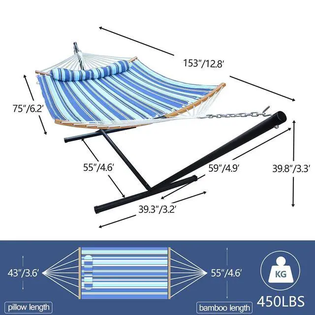 Alt view image 5 of 7 - GardenLux Hammock with 12.8 Feet Stand & Curved Bamboo Spreader Bar Double Hammocks 2 Person Heavy Duty Max 450lbs Capacity, Catalina Beach