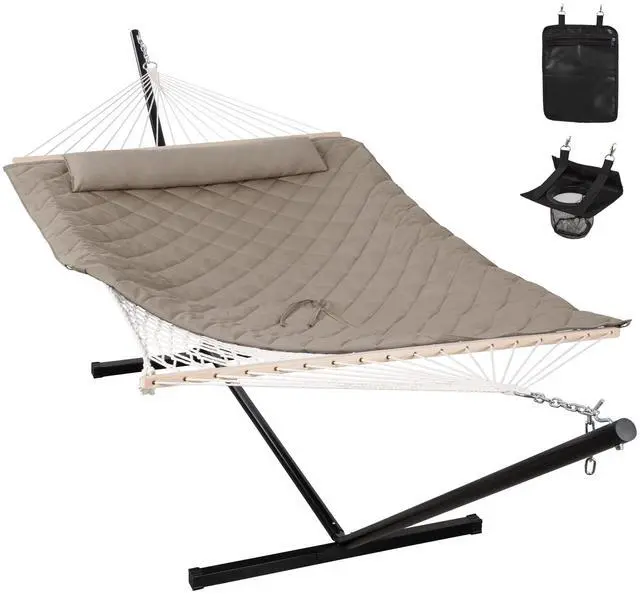 Main image of ANOW 2 Person Hammock with 12FT Heavy Duty Steel Stand, Double Rope Hammock with Detachable Pillow and Pad for Outdoors Indoors, 450 LBS Weight Capacity, Light Brown