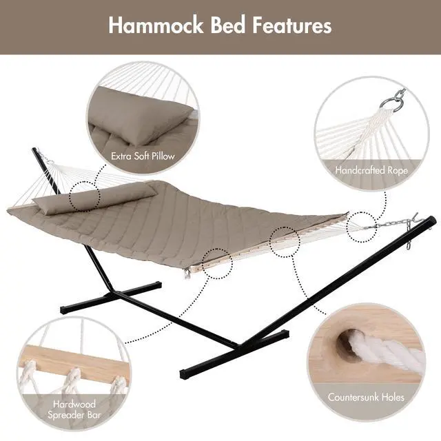 Alt view image 3 of 7 - ANOW 2 Person Hammock with 12FT Heavy Duty Steel Stand, Double Rope Hammock with Detachable Pillow and Pad for Outdoors Indoors, 450 LBS Weight Capacity, Light Brown