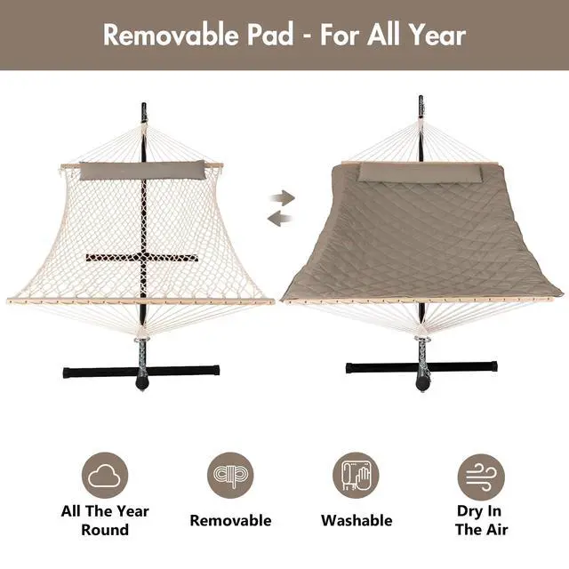 Alt view image 5 of 7 - ANOW 2 Person Hammock with 12FT Heavy Duty Steel Stand, Double Rope Hammock with Detachable Pillow and Pad for Outdoors Indoors, 450 LBS Weight Capacity, Light Brown