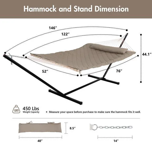Alt view image 6 of 7 - ANOW 2 Person Hammock with 12FT Heavy Duty Steel Stand, Double Rope Hammock with Detachable Pillow and Pad for Outdoors Indoors, 450 LBS Weight Capacity, Light Brown