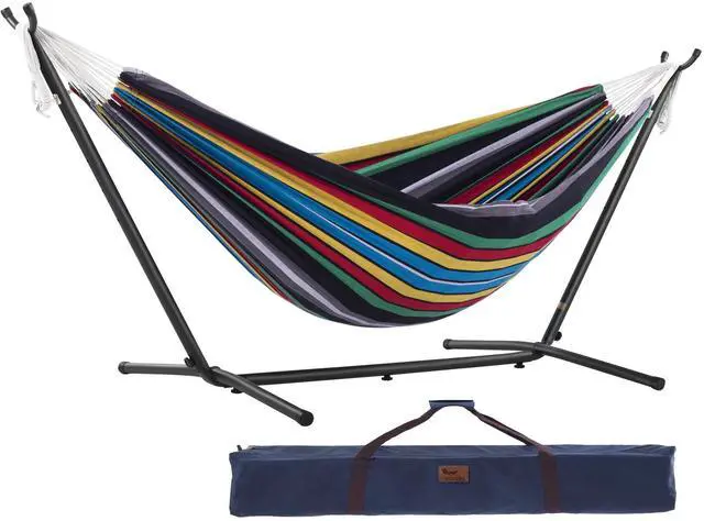 Main image of Vivere Double Cotton Hammock with Space Saving Steel Stand, Upgraded Polyester End Strings 450 lb Capacity - Premium Carry Bag Included - USA Grown Cotton (Rio Night)