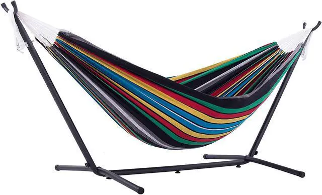 Alt view image 3 of 6 - Vivere Double Cotton Hammock with Space Saving Steel Stand, Upgraded Polyester End Strings 450 lb Capacity - Premium Carry Bag Included - USA Grown Cotton (Rio Night)
