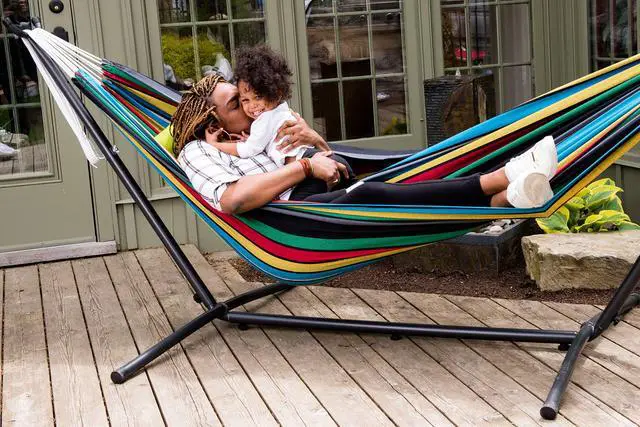 Alt view image 5 of 6 - Vivere Double Cotton Hammock with Space Saving Steel Stand, Upgraded Polyester End Strings 450 lb Capacity - Premium Carry Bag Included - USA Grown Cotton (Rio Night)