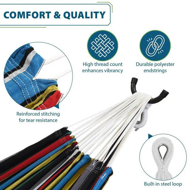 Alt view image 4 of 6 - Vivere Double Cotton Hammock with Space Saving Steel Stand, Upgraded Polyester End Strings 450 lb Capacity - Premium Carry Bag Included - USA Grown Cotton (Rio Night)