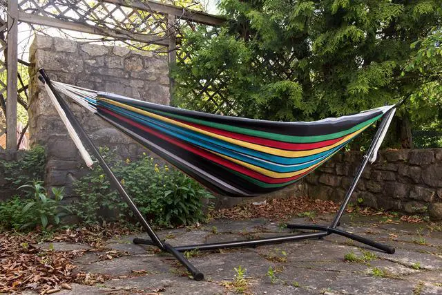 Alt view image 6 of 6 - Vivere Double Cotton Hammock with Space Saving Steel Stand, Upgraded Polyester End Strings 450 lb Capacity - Premium Carry Bag Included - USA Grown Cotton (Rio Night)