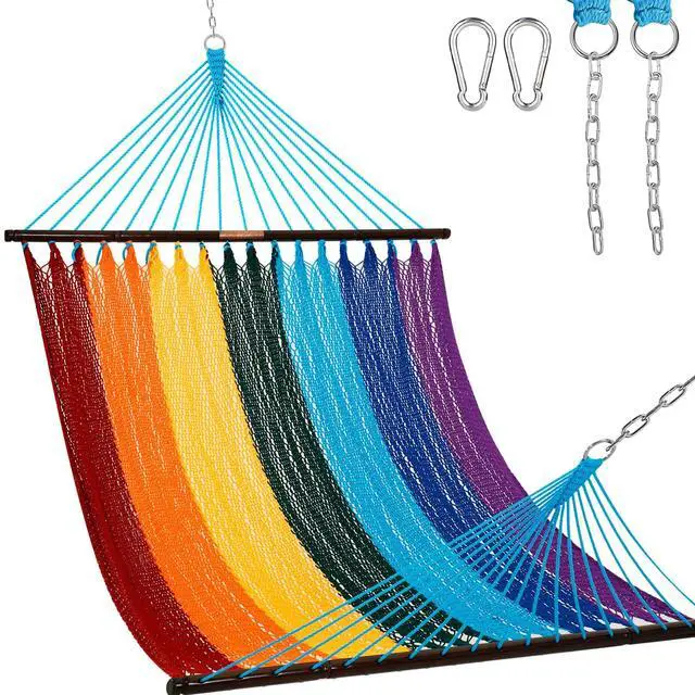 Main image of Lazy Daze Hammocks 10.5 FT Double 2 Person Caribbean Rope Hammock, Hand Woven Polyester Hammock with Spreader Bars, for Outside Outdoor Backyard Patio Poolside, 450 LBS Capacity, Rainbow