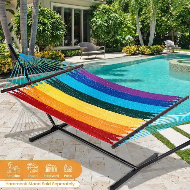 Alt view image 2 of 7 - Lazy Daze Hammocks 10.5 FT Double 2 Person Caribbean Rope Hammock, Hand Woven Polyester Hammock with Spreader Bars, for Outside Outdoor Backyard Patio Poolside, 450 LBS Capacity, Rainbow