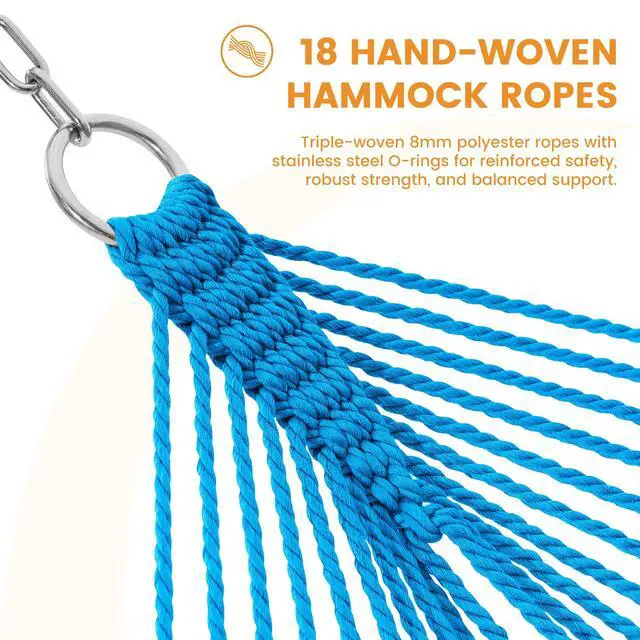 Alt view image 4 of 7 - Lazy Daze Hammocks 10.5 FT Double 2 Person Caribbean Rope Hammock, Hand Woven Polyester Hammock with Spreader Bars, for Outside Outdoor Backyard Patio Poolside, 450 LBS Capacity, Rainbow
