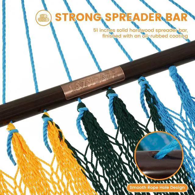 Alt view image 5 of 7 - Lazy Daze Hammocks 10.5 FT Double 2 Person Caribbean Rope Hammock, Hand Woven Polyester Hammock with Spreader Bars, for Outside Outdoor Backyard Patio Poolside, 450 LBS Capacity, Rainbow