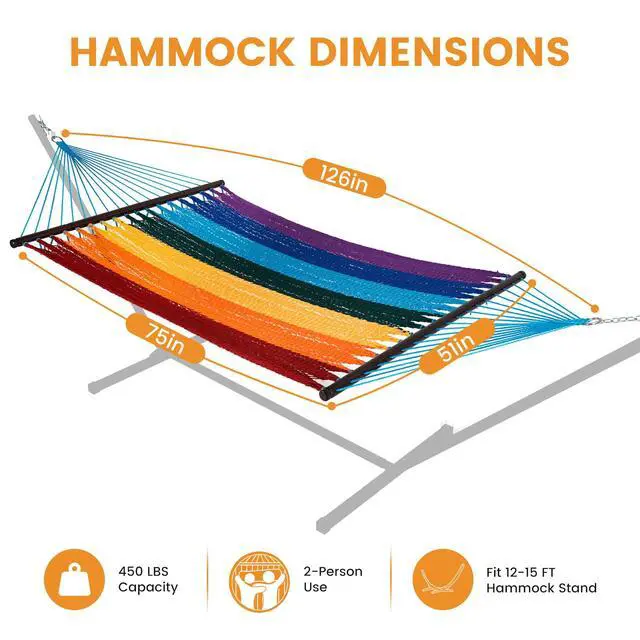 Alt view image 6 of 7 - Lazy Daze Hammocks 10.5 FT Double 2 Person Caribbean Rope Hammock, Hand Woven Polyester Hammock with Spreader Bars, for Outside Outdoor Backyard Patio Poolside, 450 LBS Capacity, Rainbow