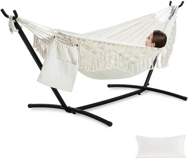 Main image of PNAEUT Handmade Tassel Hammocks, Double Hammock with Stand for Outside, Max 450 lbs Capacity, Pillow & Storage Bag Included (Beige)
