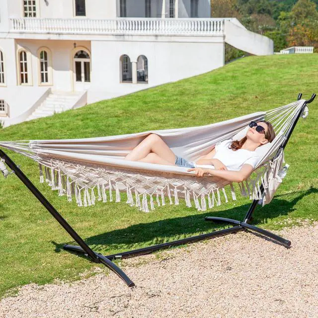 Alt view image 2 of 7 - PNAEUT Handmade Tassel Hammocks, Double Hammock with Stand for Outside, Max 450 lbs Capacity, Pillow & Storage Bag Included (Beige)
