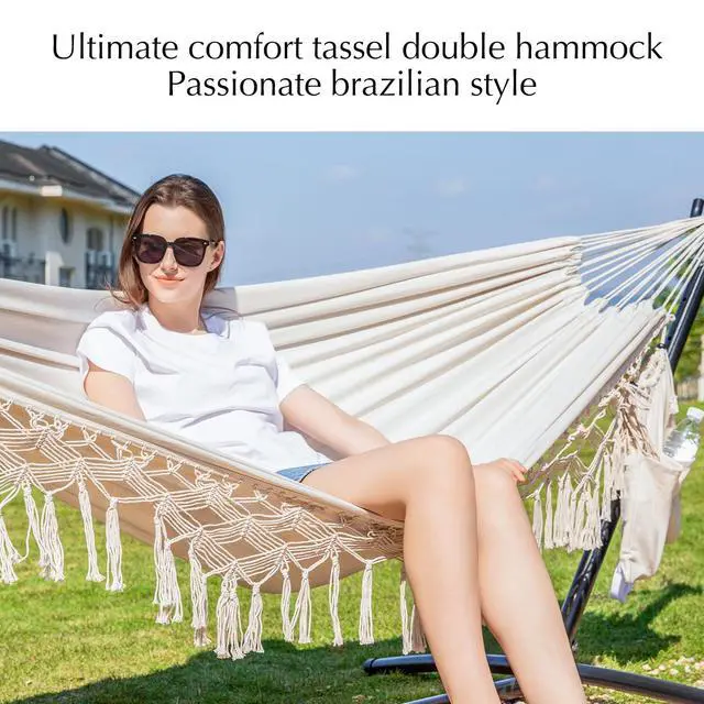 Alt view image 3 of 7 - PNAEUT Handmade Tassel Hammocks, Double Hammock with Stand for Outside, Max 450 lbs Capacity, Pillow & Storage Bag Included (Beige)