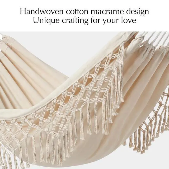 Alt view image 5 of 7 - PNAEUT Handmade Tassel Hammocks, Double Hammock with Stand for Outside, Max 450 lbs Capacity, Pillow & Storage Bag Included (Beige)