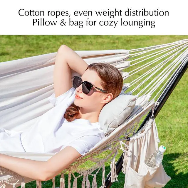 Alt view image 4 of 7 - PNAEUT Handmade Tassel Hammocks, Double Hammock with Stand for Outside, Max 450 lbs Capacity, Pillow & Storage Bag Included (Beige)