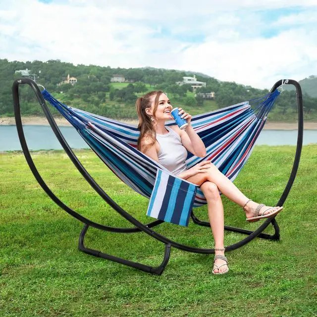 Alt view image 2 of 7 - SUNCREAT 2 Person Hammock with Stand, Space Saving Free Standing Hammock with Stand Included, Patent Pending, Blue Red