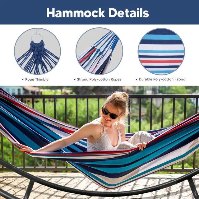 Alt view image 4 of 7 - SUNCREAT 2 Person Hammock with Stand, Space Saving Free Standing Hammock with Stand Included, Patent Pending, Blue Red