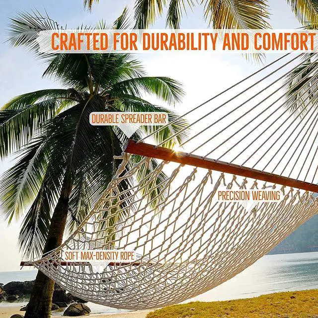 Alt view image 3 of 7 - Castaway Living 13 ft. Double Traditional Hand Woven Oatmeal Cotton Rope Hammock 2-Person, 450 lb Capacity, Free Extension Chains & Tree Hooks, Designed in The USA