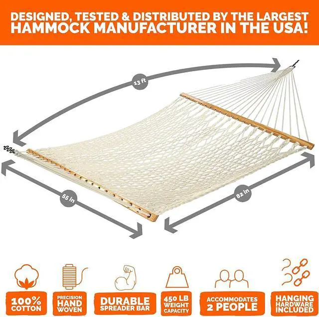 Alt view image 2 of 7 - Castaway Living 13 ft. Double Traditional Hand Woven Oatmeal Cotton Rope Hammock 2-Person, 450 lb Capacity, Free Extension Chains & Tree Hooks, Designed in The USA