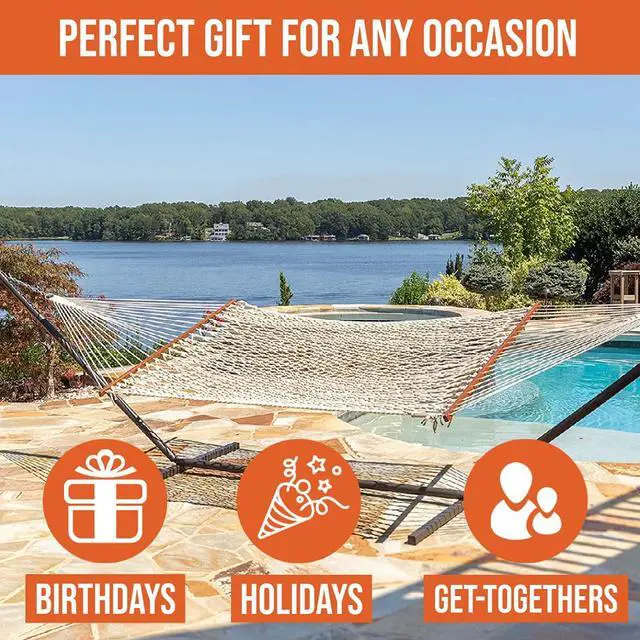 Alt view image 5 of 7 - Castaway Living 13 ft. Double Traditional Hand Woven Oatmeal Cotton Rope Hammock 2-Person, 450 lb Capacity, Free Extension Chains & Tree Hooks, Designed in The USA