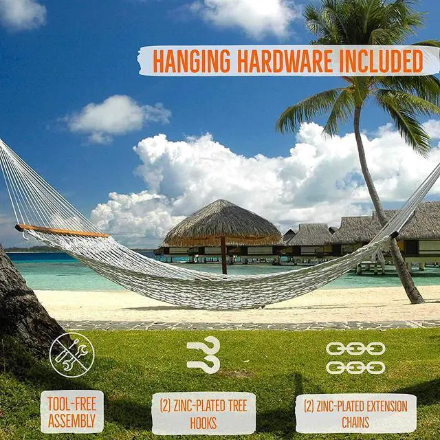 Alt view image 4 of 7 - Castaway Living 13 ft. Double Traditional Hand Woven Oatmeal Cotton Rope Hammock 2-Person, 450 lb Capacity, Free Extension Chains & Tree Hooks, Designed in The USA
