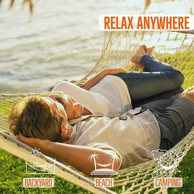 Alt view image 6 of 7 - Castaway Living 13 ft. Double Traditional Hand Woven Oatmeal Cotton Rope Hammock 2-Person, 450 lb Capacity, Free Extension Chains & Tree Hooks, Designed in The USA