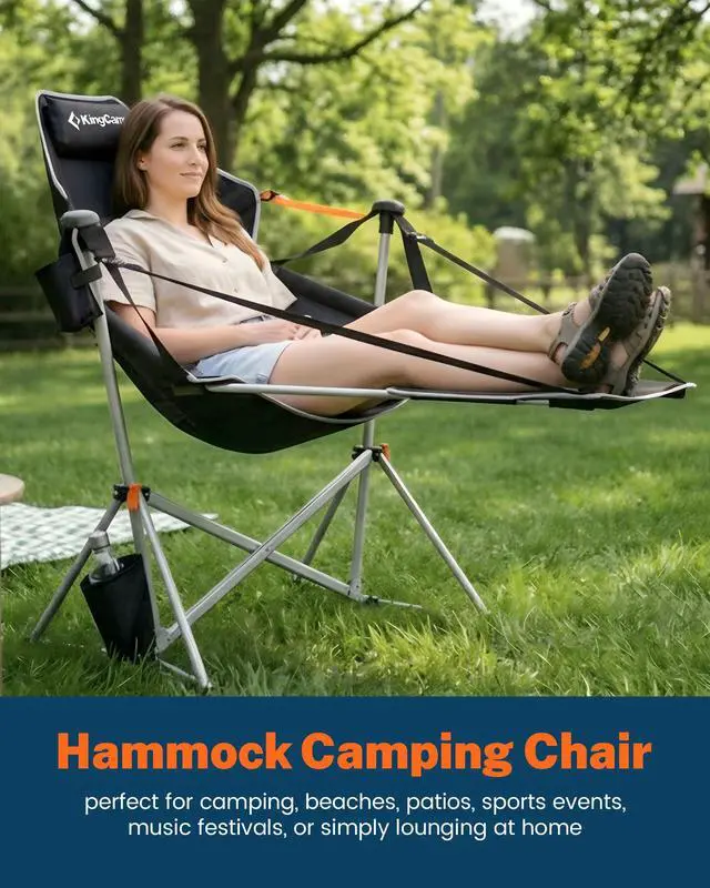 Alt view image 2 of 7 - KingCamp Hammock Chair with Footrest Heavy Duty Swinging Rocking Camping Chairs for Adults up to 400lbs, Folding Portable Oversized Rocker with Cup Holder & Pillow for Outdoor Beach Lawn RV Sports