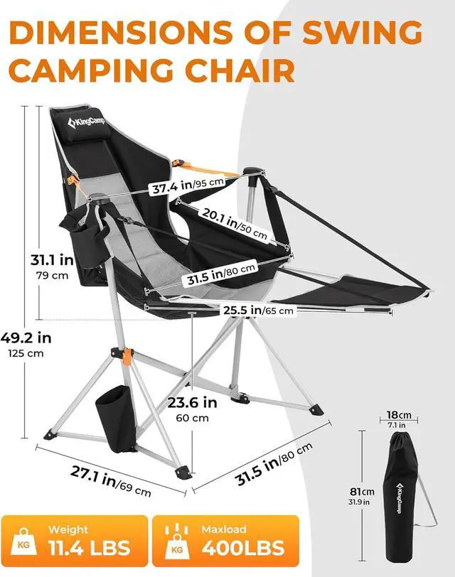 Alt view image 3 of 7 - KingCamp Hammock Chair with Footrest Heavy Duty Swinging Rocking Camping Chairs for Adults up to 400lbs, Folding Portable Oversized Rocker with Cup Holder & Pillow for Outdoor Beach Lawn RV Sports