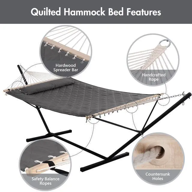 Alt view image 3 of 7 - ANOW Double Hammock with 12FT Heavy Duty Steel Stand Included, 2 Person Hammock with Stand for Outdoors, 450 LBS Weight Capacity, Gray