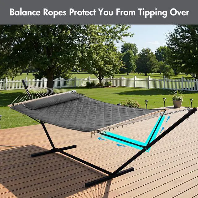Alt view image 4 of 7 - ANOW Double Hammock with 12FT Heavy Duty Steel Stand Included, 2 Person Hammock with Stand for Outdoors, 450 LBS Weight Capacity, Gray