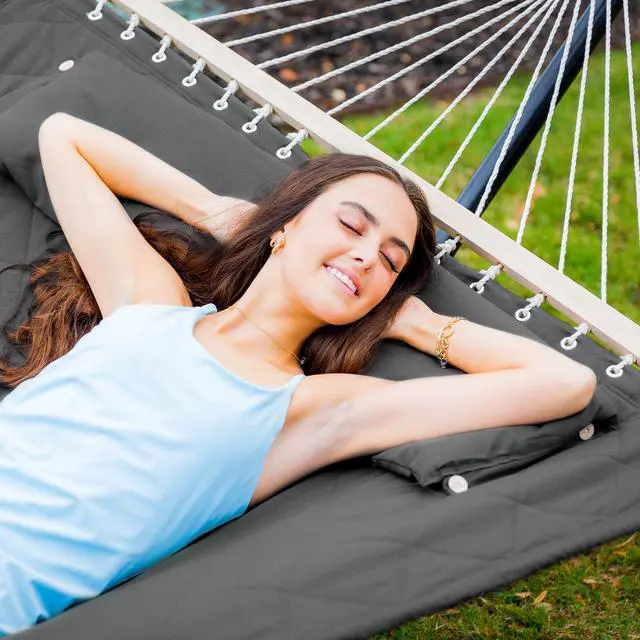 Alt view image 2 of 7 - ANOW Double Hammock with 12FT Heavy Duty Steel Stand Included, 2 Person Hammock with Stand for Outdoors, 450 LBS Weight Capacity, Gray