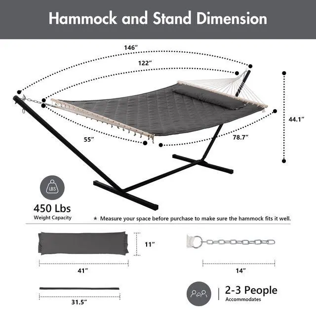 Alt view image 6 of 7 - ANOW Double Hammock with 12FT Heavy Duty Steel Stand Included, 2 Person Hammock with Stand for Outdoors, 450 LBS Weight Capacity, Gray
