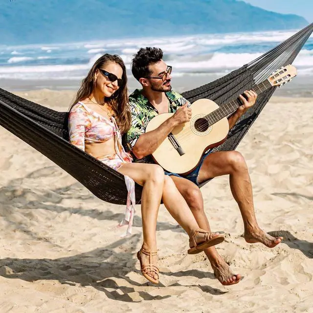 Alt view image 2 of 7 - Lazy Daze Hammocks Handwoven XL Mayan Hammock, 10.5 FT Soft Rope Double Hammocks, Portable Outdoor Hammock with Carry Bag, 2 Straps & Carabiners for Patio Outside, 550 lbs Weight Capacity, Gray