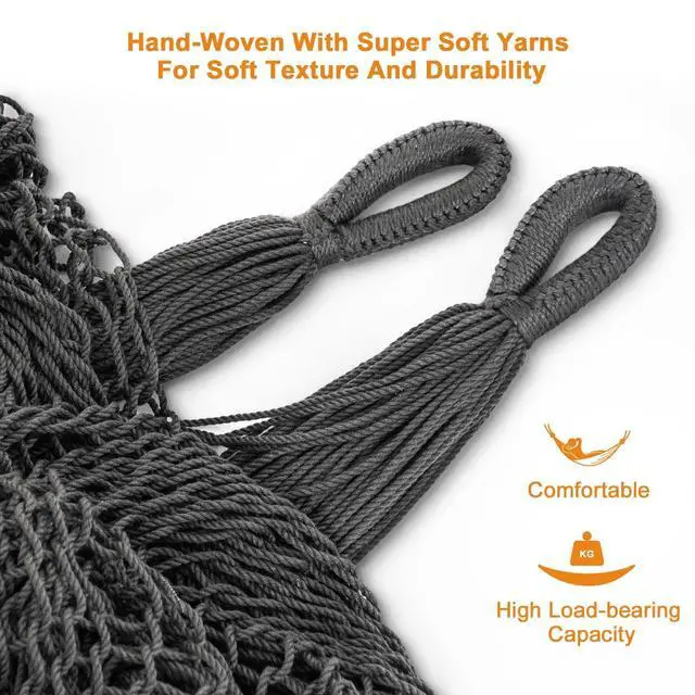 Alt view image 3 of 7 - Lazy Daze Hammocks Handwoven XL Mayan Hammock, 10.5 FT Soft Rope Double Hammocks, Portable Outdoor Hammock with Carry Bag, 2 Straps & Carabiners for Patio Outside, 550 lbs Weight Capacity, Gray